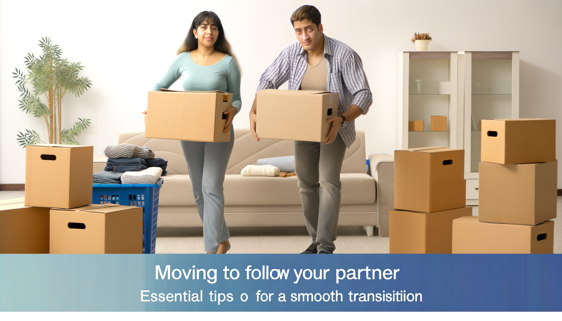 "Image d'un couple heureux emballant des cartons pour déménager et suivre une opportunité de carrière du conjoint"