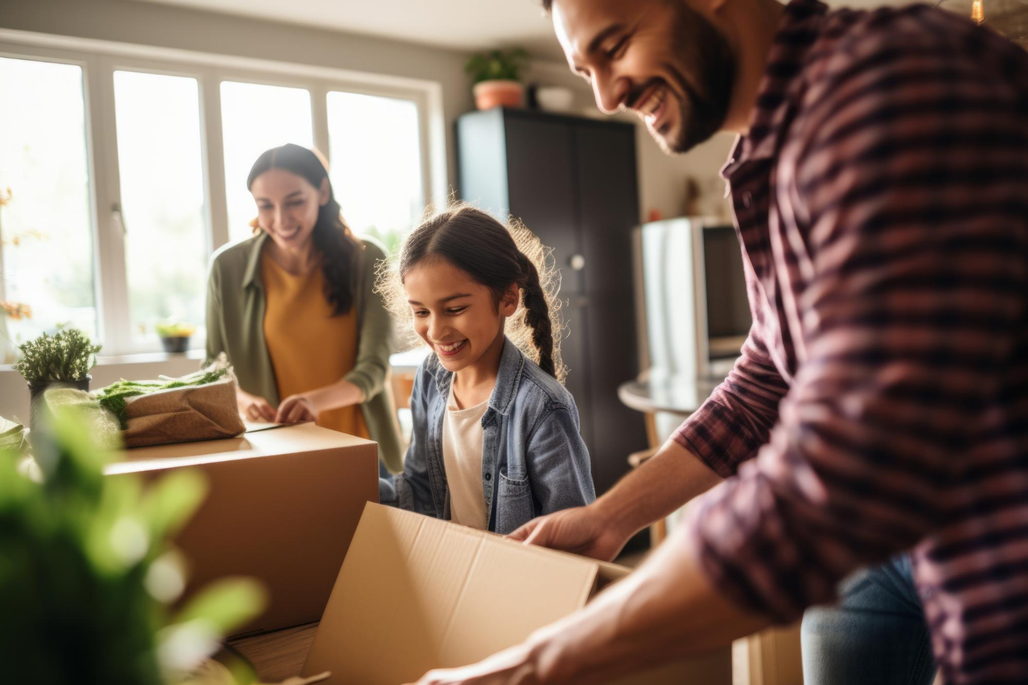 "Une famille souriante rassemblant des cartons et des meubles pour déménager lors d'un déménagement dans le cadre d'une garde alternée"