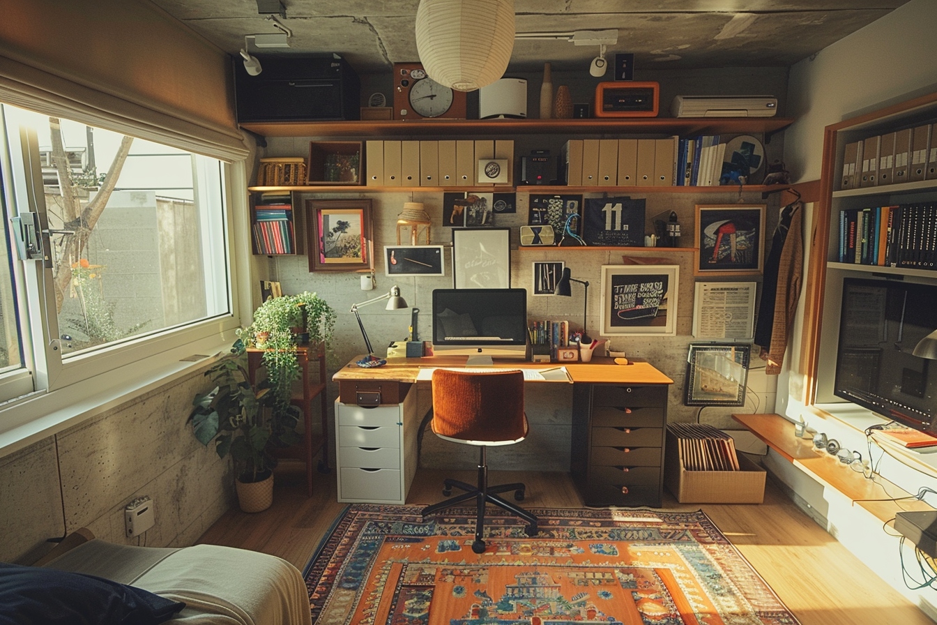 Aménagement d'un coin bureau fonctionnel dans un petit appartement, mêlant style et efficacité.
